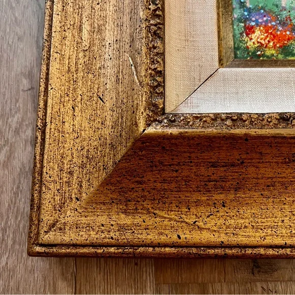 LOUIS CARDIN Signed Enamel on Copper Painting, Gold‎ Wood Frame, Kids In Forest
